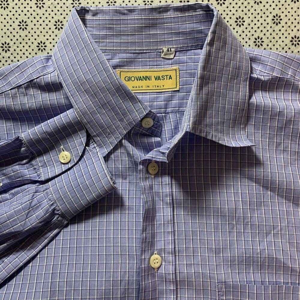 Giovanni Vasta Made in Italy Blue Check 100% Cotton Dress Shirt Size 16/41